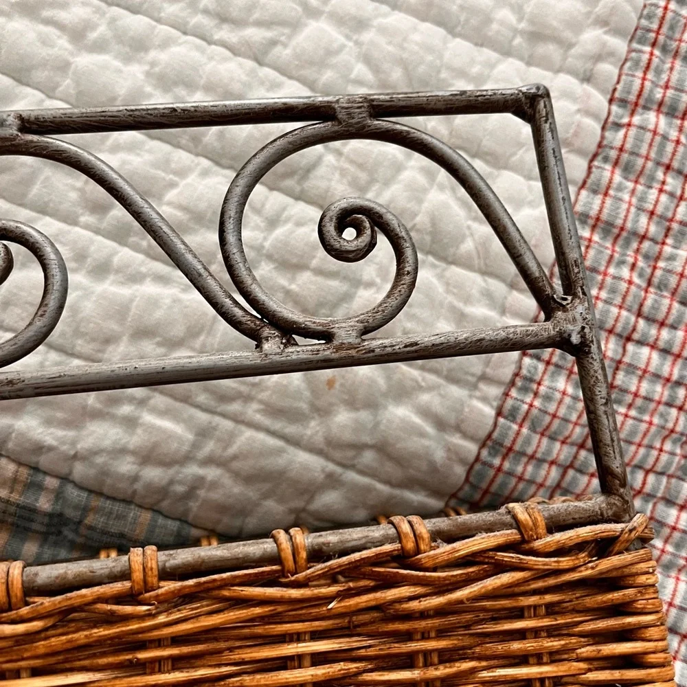 Two-Tier Wicker & Metal Basket Shelf – Farmhouse Organizer wrought iron